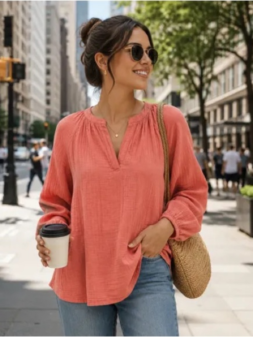 Women’s Lightweight Cotton Split-Neck Blouse in Coral